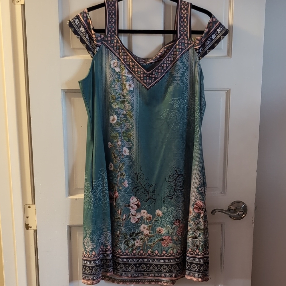 Floral Green and Beige And Back Trim Dress
